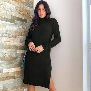 Lulus Snuggled Up Black Knit Turtleneck Midi Sweater Dress - Size S